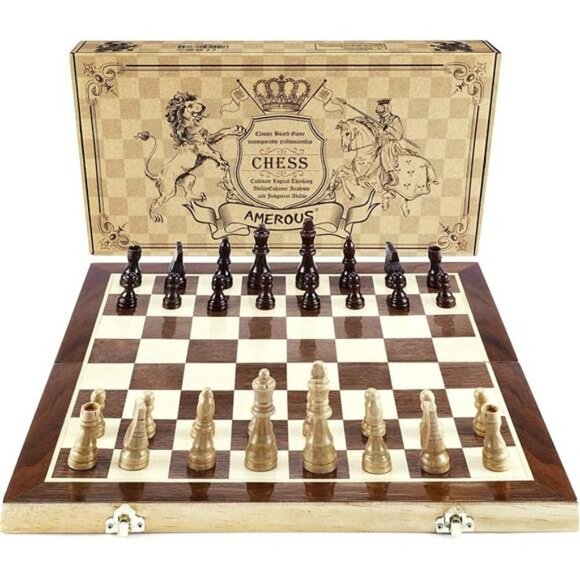 Chess Set, 15"x15" Folding Magnetic Wooden Standard Chess Game Board Set